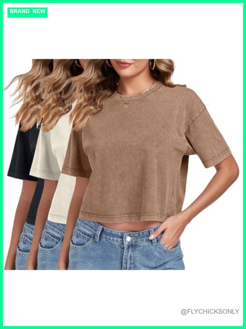 Womens Acid Wash Crop Top Short Sleeve Crew Neck Basic Tee